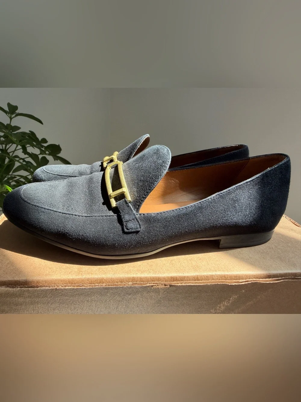 Aquatalia Black Suede Loafers with Gold Accent